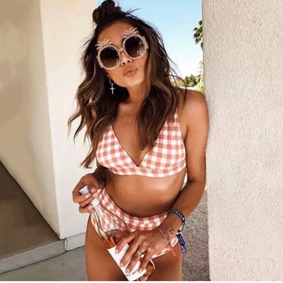 CLEARANCE Orange Gingham High Waisted Bikini Swimsuit - Picture 2 of 4